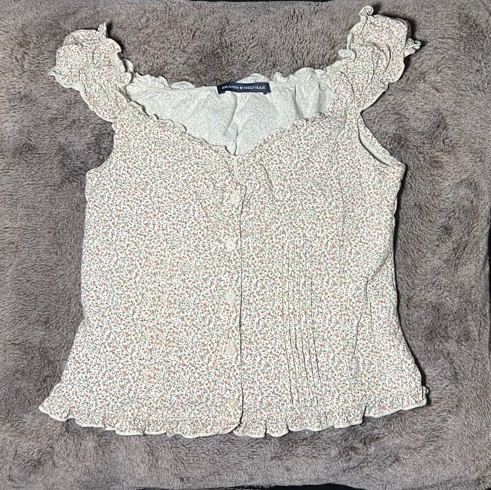 Brandy Melville Floral Pleated Button-Front Ruffle Coquette Cap Sleeve Top